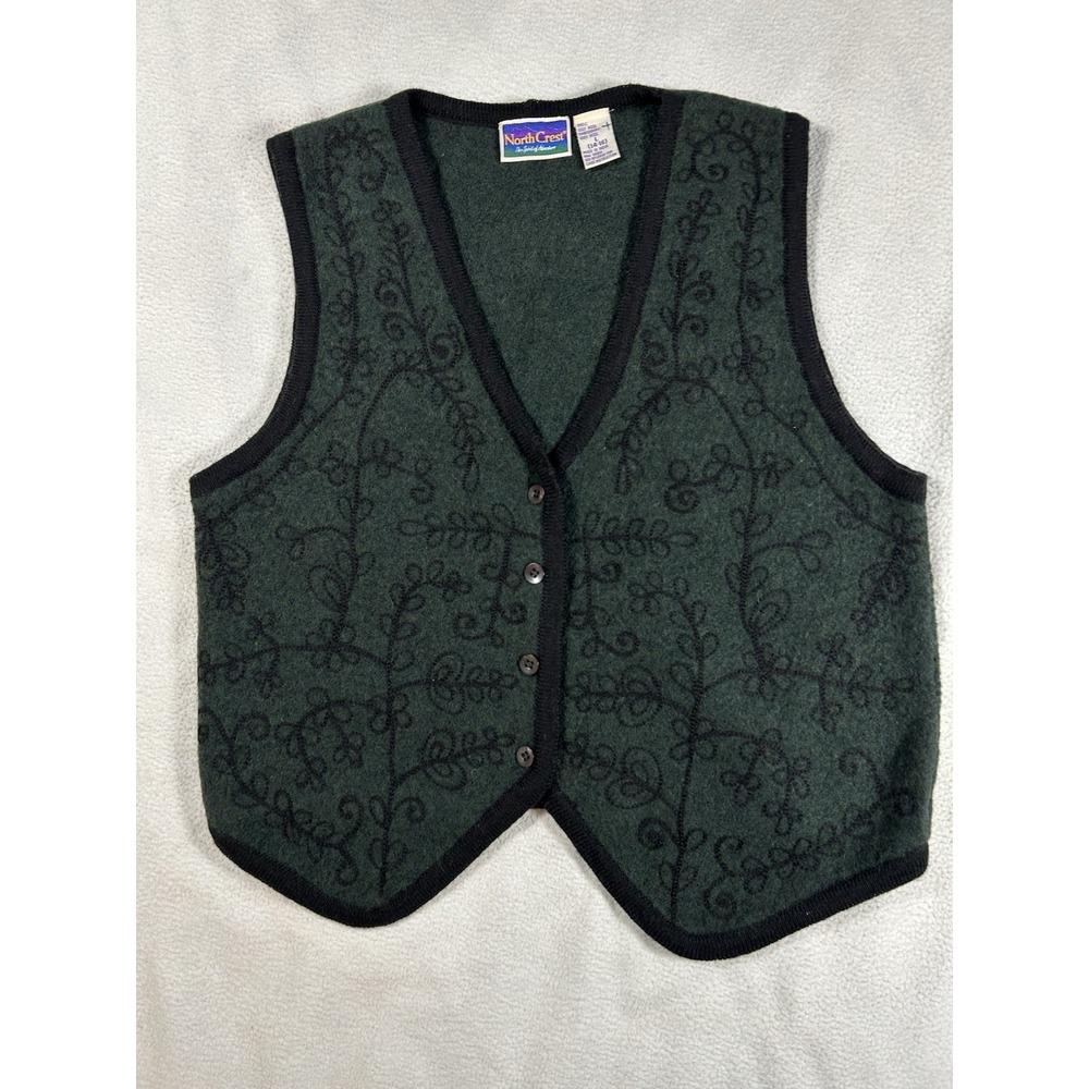 VTG North Crest Women's L Wool Vest‎ Green Black Embroidery Cozy Librarian